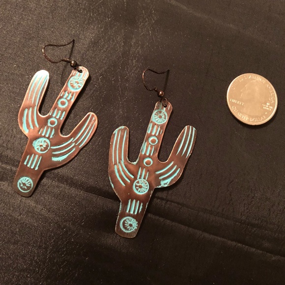 Copper and Turquoise Metal Cactus Earrings - Picture 2 of 2